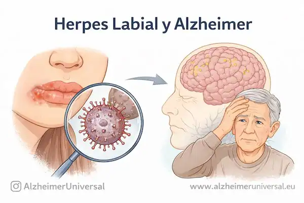 Relación entre herpes labial y Alzheimer con representación del virus herpes simple tipo 1 y cerebro afectado