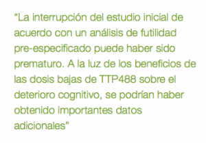 TTP488 promete ser efectivo en pacientes de alzhéimer. Ha demostrado evidencias clínicas de la desaceleración del deterioro cognitivo