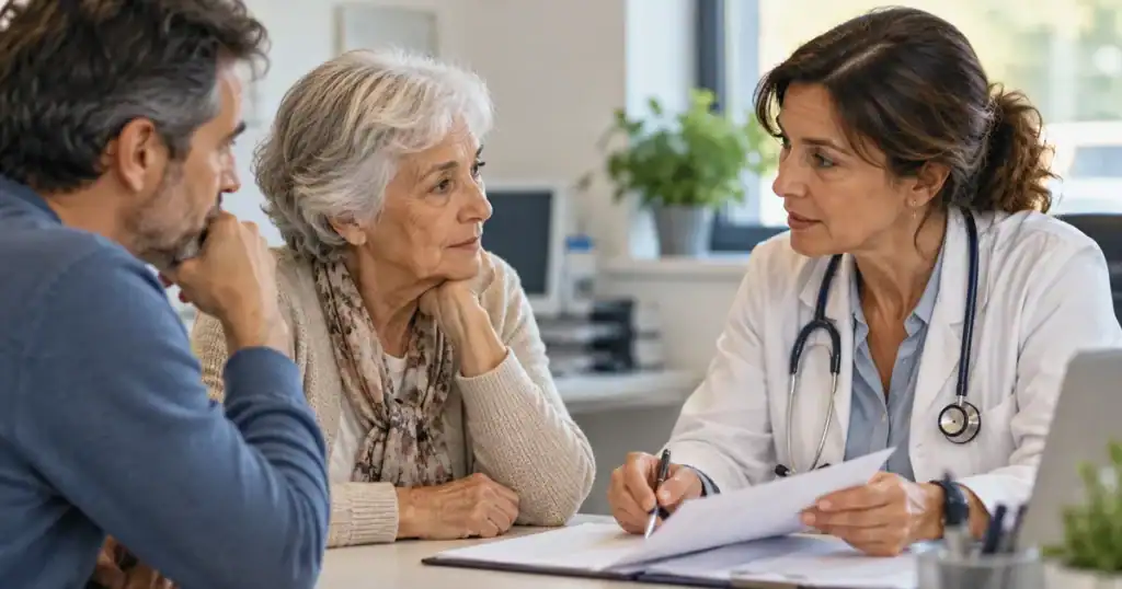 Mujer mayor acompañada de un familiar durante una consulta con una médica.