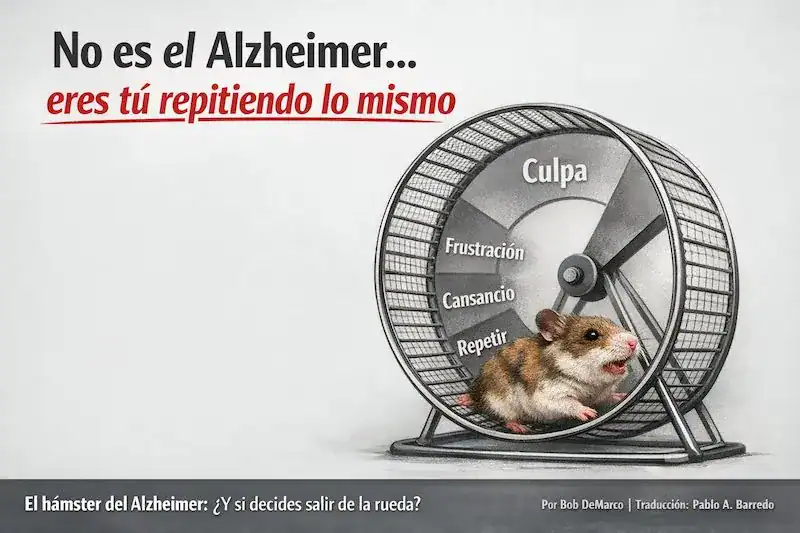 Hámster del Alzheimer representando la rueda emocional del cuidador con culpa, frustración y cansancio