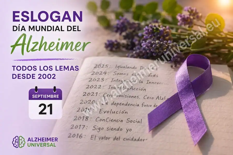 Eslogan del Día Mundial del Alzheimer con lemas desde 2002 hasta 2025 y lazo morado de concienciación
