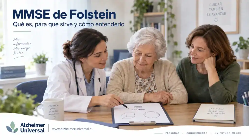 Profesional sanitaria realizando el MMSE de Folstein a una persona mayor, acompañada por una familiar, durante una evaluación cognitiva en un entorno de apoyo