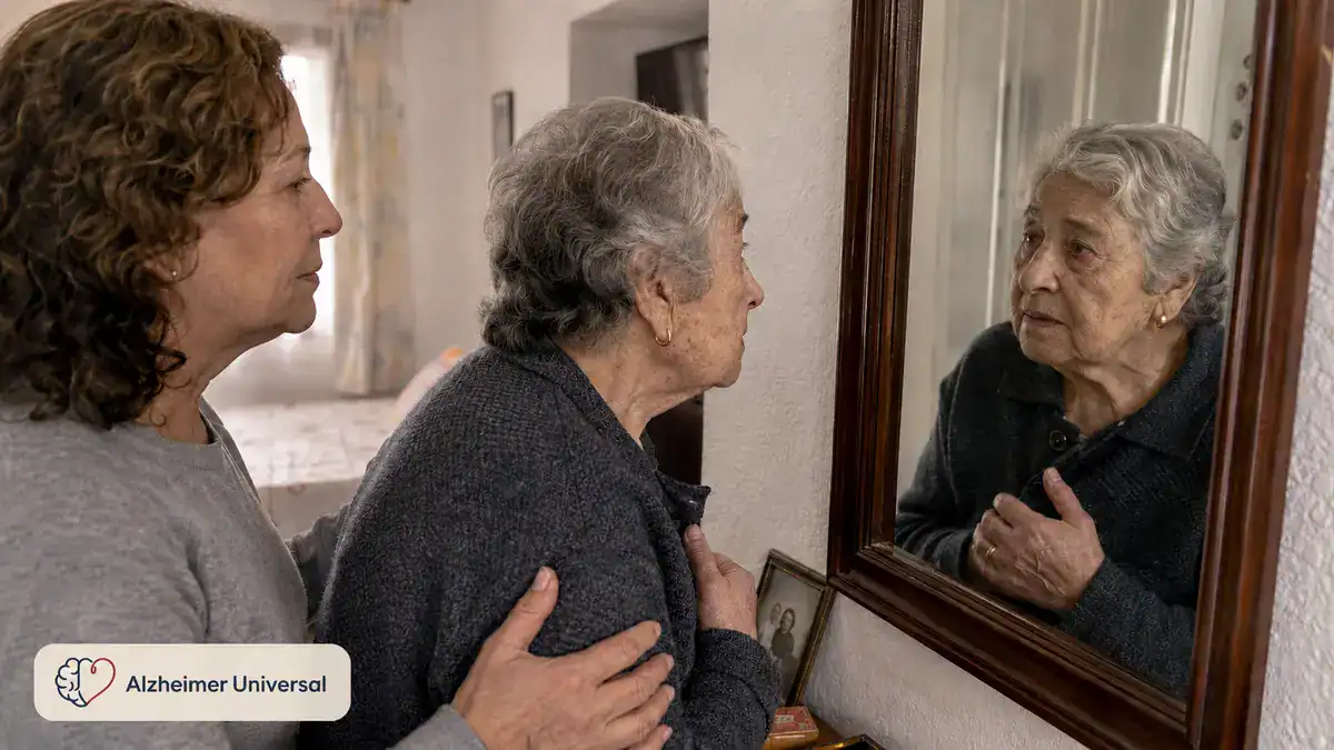 Mujer mayor con Alzheimer observando su reflejo en un espejo mientras una cuidadora la acompaña