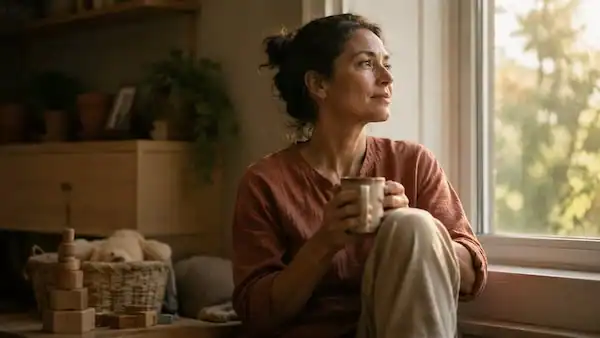 Cuidadora afrontando la culpa del cuidador de Alzheimer en un momento de calma junto a una ventana.