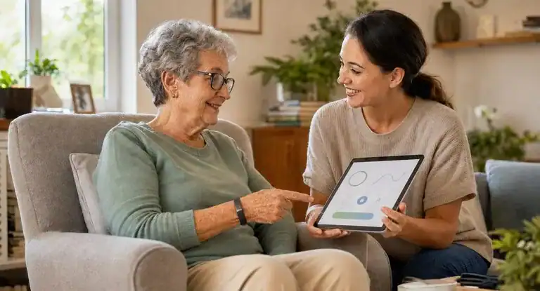 Persona mayor con pulsera inteligente acompañada por una cuidadora que consulta información de salud en una tableta