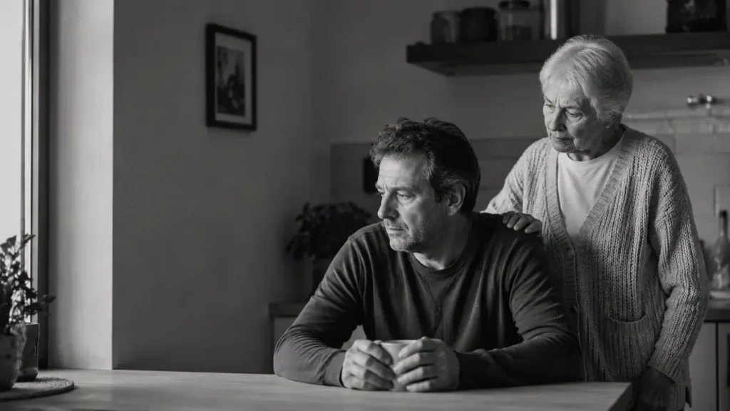 Agotamiento del cuidador de Alzheimer: un hijo recibe el apoyo de su madre en casa