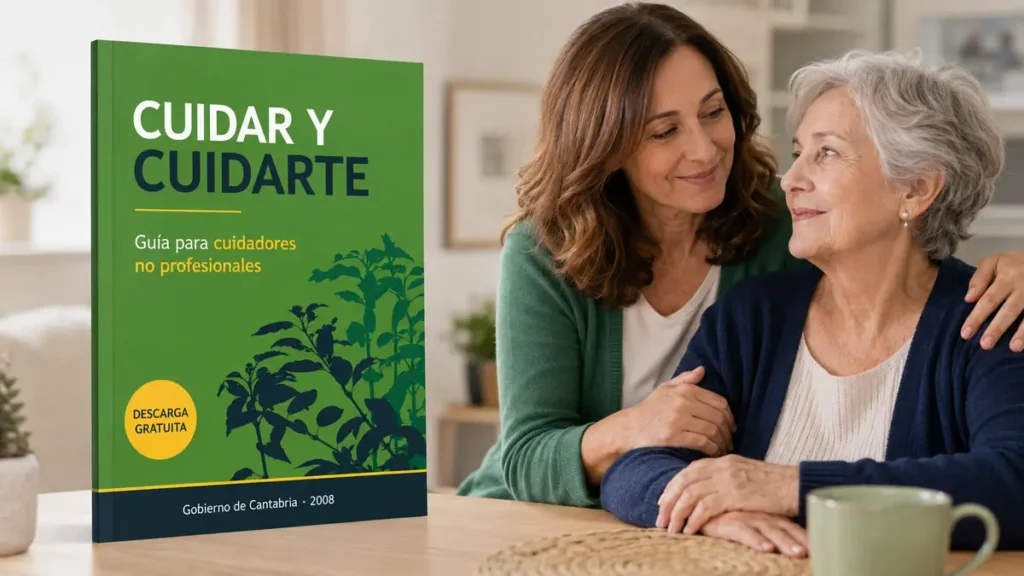 Guía para cuidadores en PDF junto a una cuidadora que acompaña a una mujer mayor