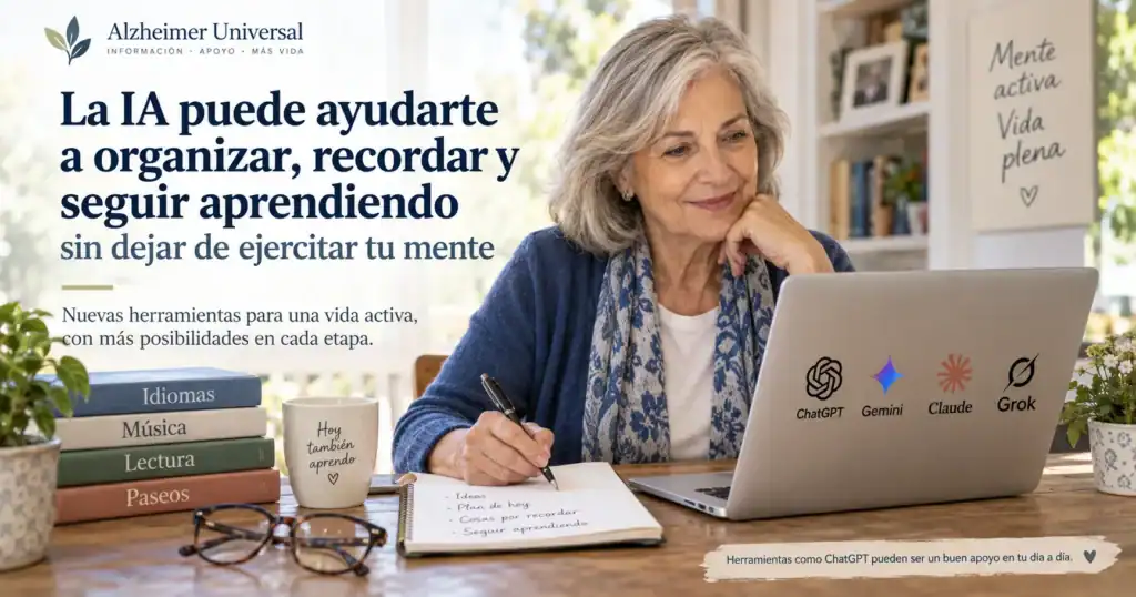 Inteligencia artificial y memoria: mujer mayor utilizando un portátil y una libreta como apoyo para organizar, recordar y seguir aprendiendo