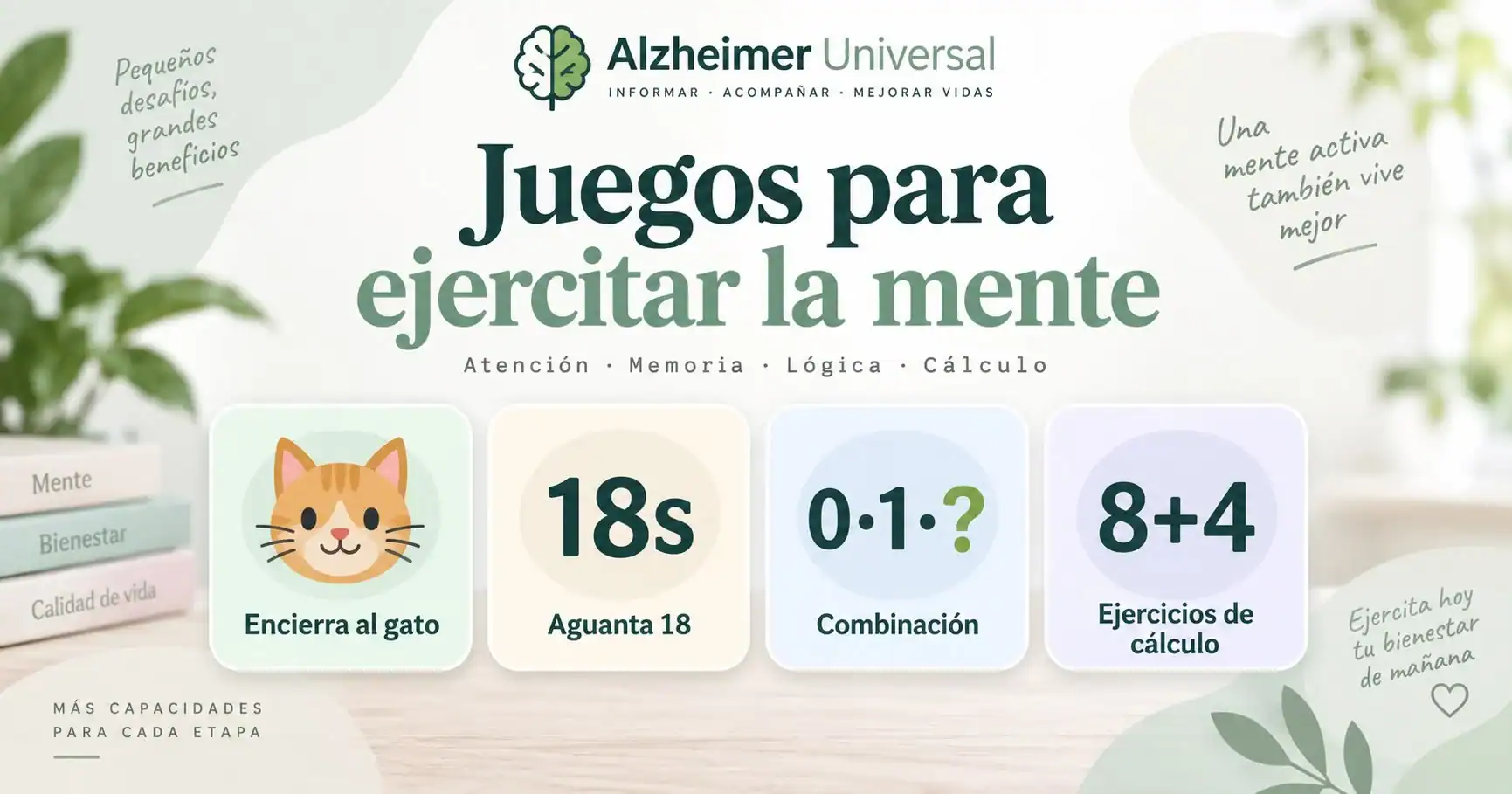 Juegos para ejercitar la mente en Alzheimer Universal con acceso a Encierra al gato, Aguanta 18, Combinación y Ejercicios de cálculo