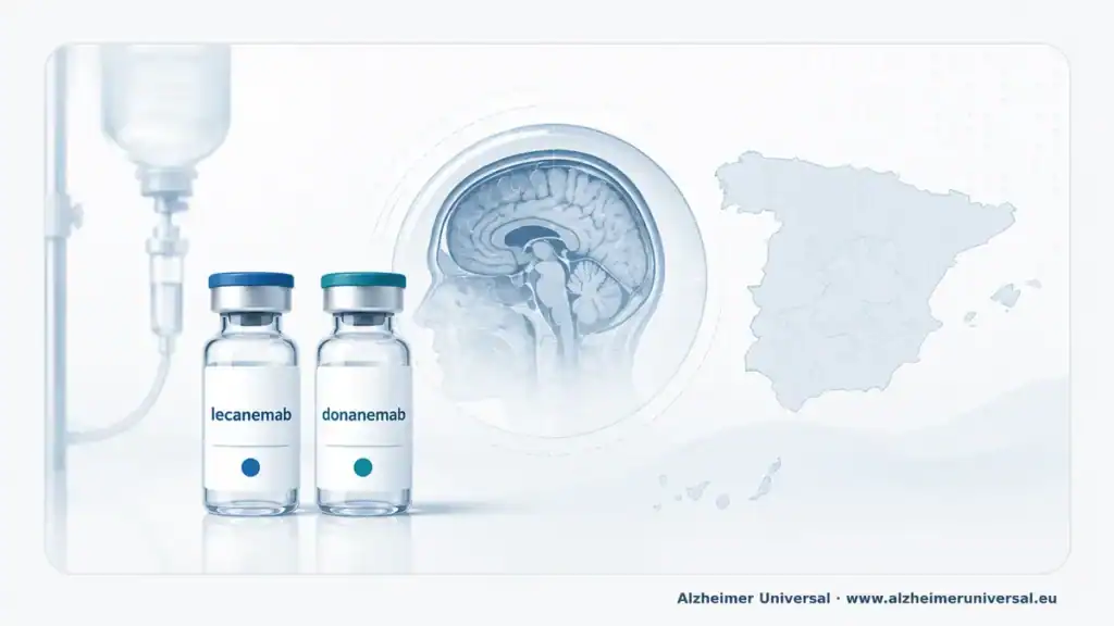 Lecanemab y donanemab en España junto a una imagen cerebral y un mapa del país