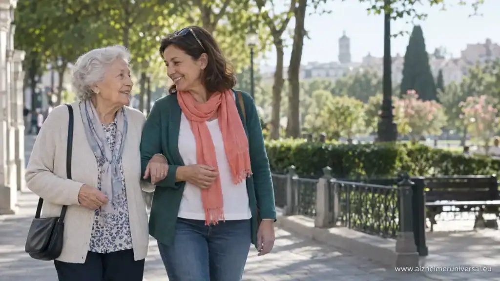 Mujer mayor camina junto a su hija como símbolo de dignidad y cuidados ante el Alzheimer